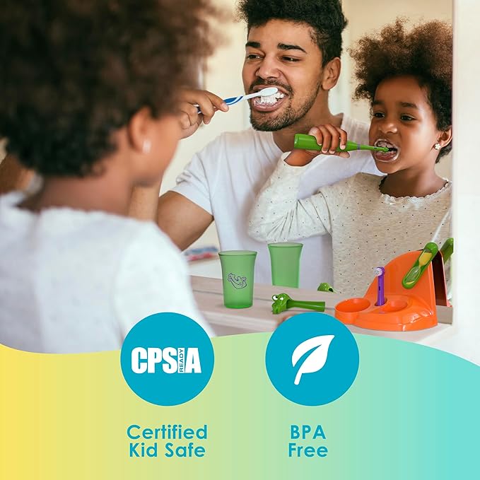 Brusheez Kids’ Electric Toothbrush Set - Safe & Effective for Ages 3+ - Parent Tested & Approved with Gentle Bristles, 2 Brush Heads, Rinse Cup, 2-Minute Timer, & Storage Base (Pepper The Dino)
