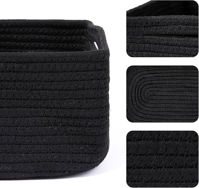 Small Storage Baskets for Organizing | Closet Organizer Bins | Shelf Toy Basket | Woven Rope Baskets | Cube Decorative Box | Shallow Basket | 13x8.5x5.1” | 3 Packs Black