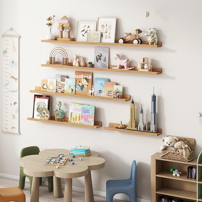 Picture Ledge Shelf, 48 Inch Long Floating Shelves for Wall, Nursery Bookshelf for Storage with Lip, Rustic Elm Wood Photo Ledge Shelves for Bedroom, Living Room, Kitchen (Natural, 48in Set of 2)