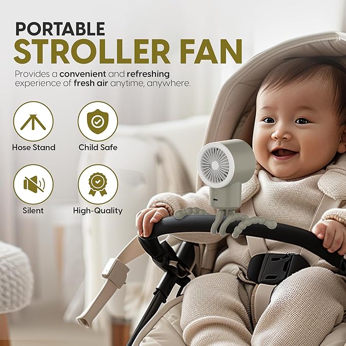 Portable Mini Travel Stroller Fan - Battery Operated, Clip On, Small, Handheld, Rotating, Rechargeable, Personal Fan with Flexible Tripod, 3 Speeds for Baby Crib, Bed Car, Seat Treadmill