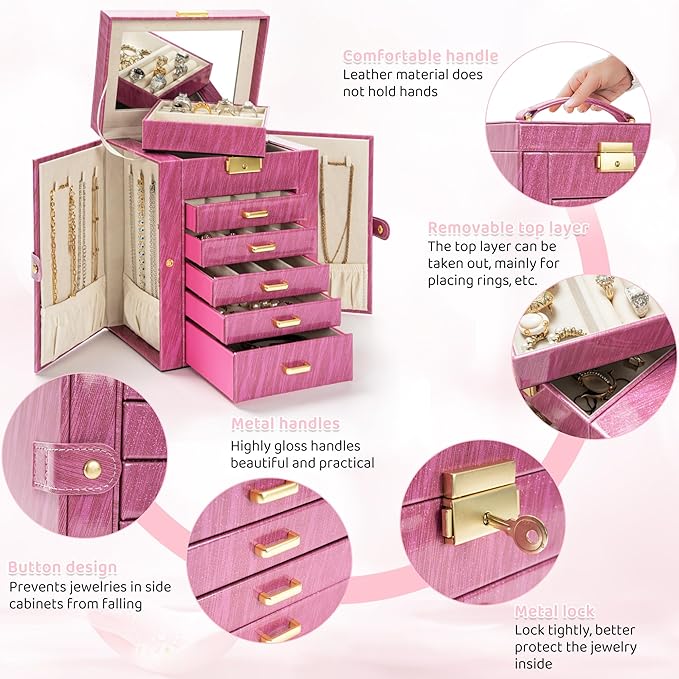 AKOZLIN 6-Tier Jewelry Box Lockable Leather Jewelry Storage Case with 5 Drawers for Women Girls Ring Necklace Earring Bracelet Holder Organizer with Mirror Rose