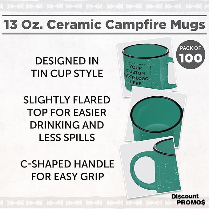 DISCOUNT PROMOS Custom Ceramic Campfire Coffee Mugs 13 oz. Set of 100, Personalized Bulk Pack - Perfect for Tea, Espresso, Cappuccino, Hot Cocoa - Mint
