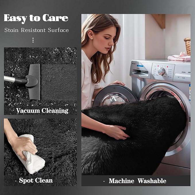 4x6 Area Rug for Living Room: Fluffy Shag Soft Washable Rugs Fuzzy Plush Indoor Carpet for Bedroom Nursery Playroom Dorm Kids Girls Boys Room (Black, 4'x6')