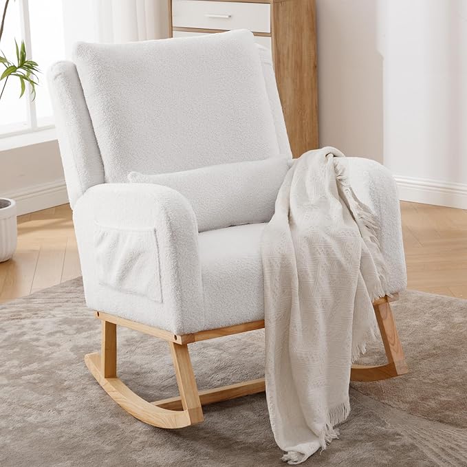 Rocking Chair Nursery, Sherpa Nursing Rocking Chairs, Upholstered Nursery Glider Rocker Wingback Morden Rocking Chair with Lumbar Pillow for Mom Nursery, Living Room, Bedroom, Teddy White