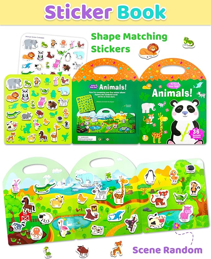 Benresive Reusable Sticker Books for Kids 2-4, Sticker Books for Toddlers 1-3 2-4, Toddler Travel Toys Activities Crafts Gifts - Animals