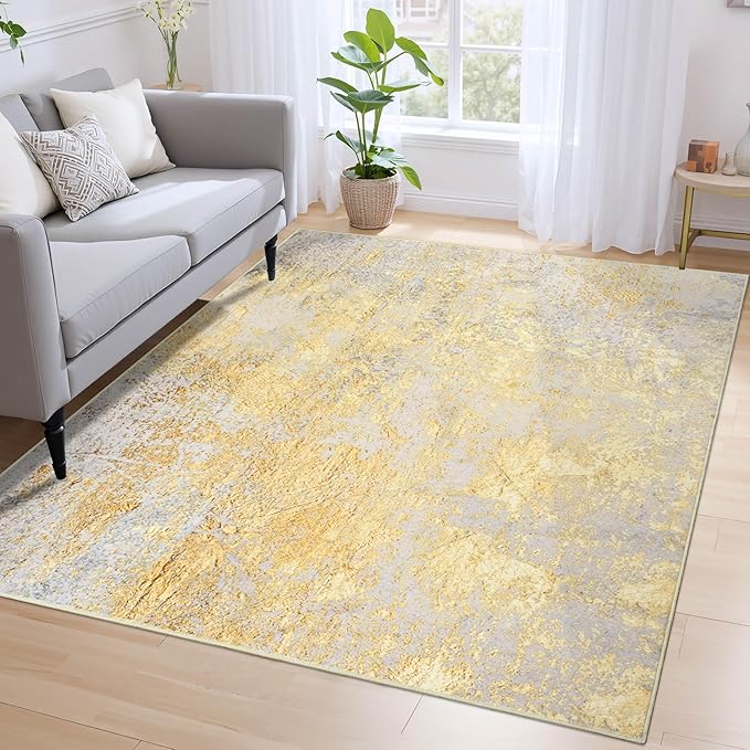 Nursery Rug for Baby Girl, 5x7 Gold Washable Rugs for Living Room Bedroom Dorm Non Slip, Stain Resistant Neutral Carpet Low Pile for Classroom, Dining Room, Kids Playroom