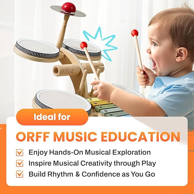 iPlay, iLearn Toddler Wooden Drum Set, Kids Musical Instruments Toy, 8 in 1 Percussion Drum Kit W/Xylophone Cymbal, Baby Montessori Learning Birthday Gifts for 18 Month, 2 3 4 5 6 Year Old Boy Girl