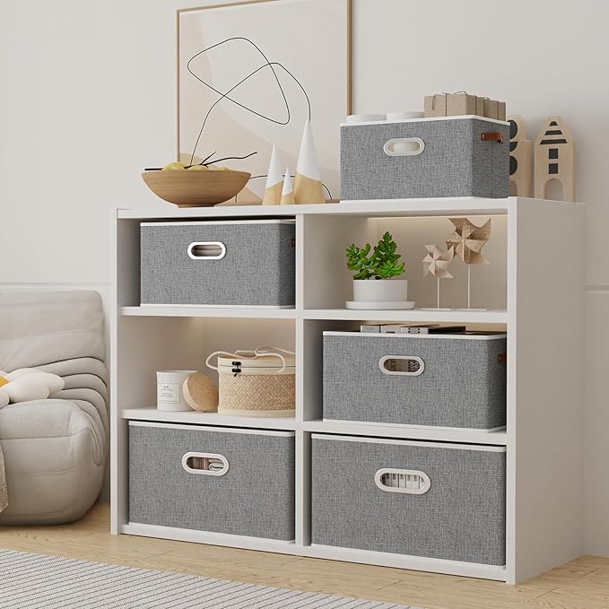 Yawinhe Fabric Storage Bins with Handles, Foldable Baskets for Shelves, Cubes with 3 Handles, Large Boxes for Clothes, Grey, 16.9''Lx11.8''Wx10.2''H, 4-Pack