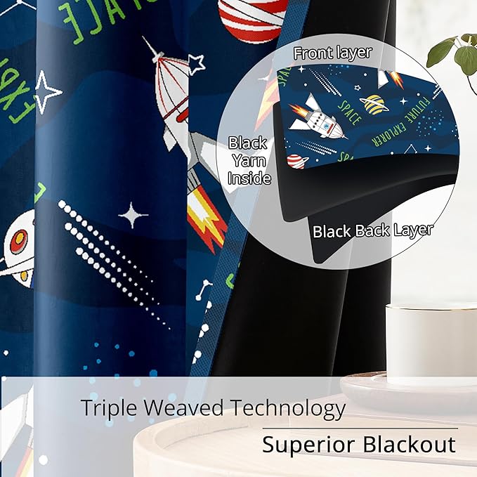 Kids Space Rocket Blackout Curtains - 100% Blackout, Thermal Insulated, Noise Reducing, Perfect for Kids Room and Nursery, 2 Panels (Future Explorer Rockets, W52×L63)