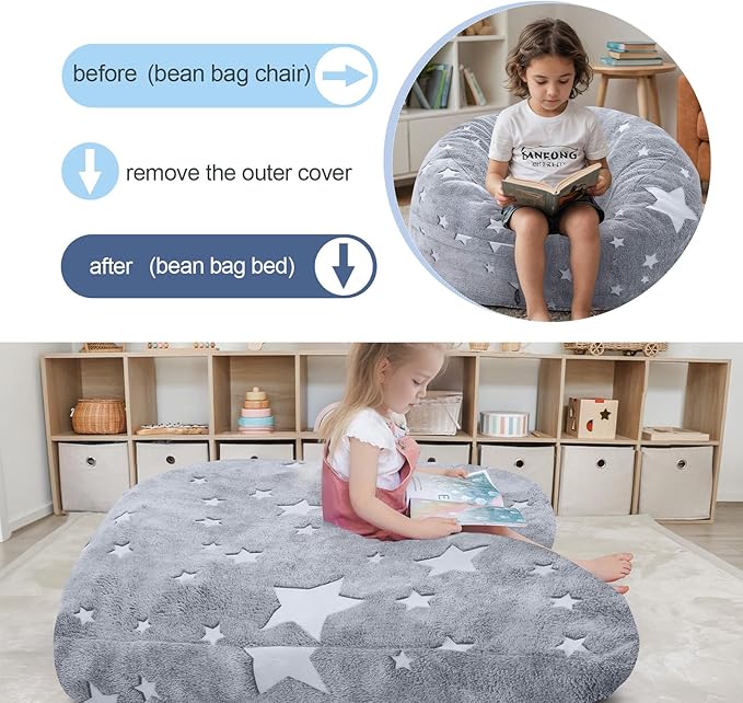 COMAX Kids Bean Bag Chair Turn into Beanbag Bed, Unicorn Toddler Bean Chair for Girl Boy Sleeping, Lazy Children Sofa Couch with Filler, Convertible Child Floor Mattress, Glowing Grey Star