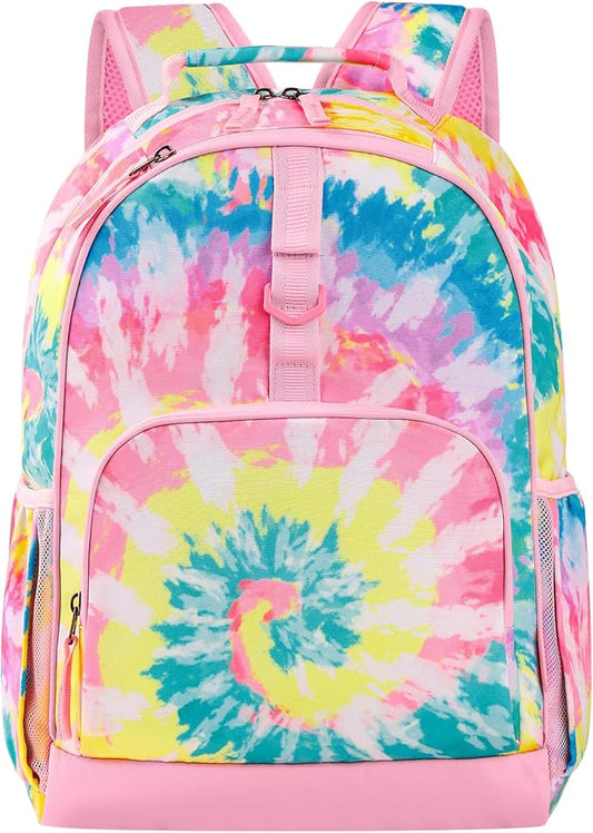 Choco Mocha Tie Dye Backpack for Girls, Elementary School Backpack for Girls Ages 6-8 Kids Kindergarten Backpack Bookbag 17 Inch with Chest Strap, Colorful