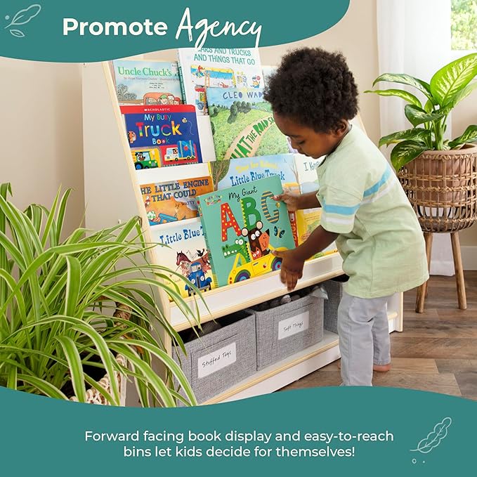 Guidecraft EdQ Book and Bin Display White with 3 Storage Bins: Wooden Kids Bookcase and Toy Storage Organizer; Homeschool and Classroom Bookshelf Furniture