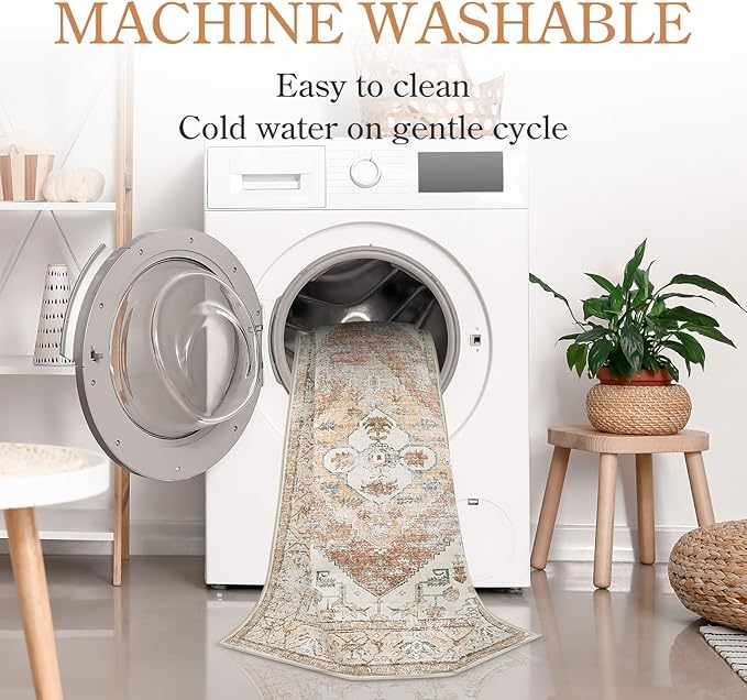 Lahome Boho Washable Rug Runner - 2x7 Non-Slip Runners Rugs for Hallways Non-Shedding Lightweight Runners for Kitchen, Oriental Distressed Print Indoor Carpet Runner for Entrance Bathroom Laundry Room