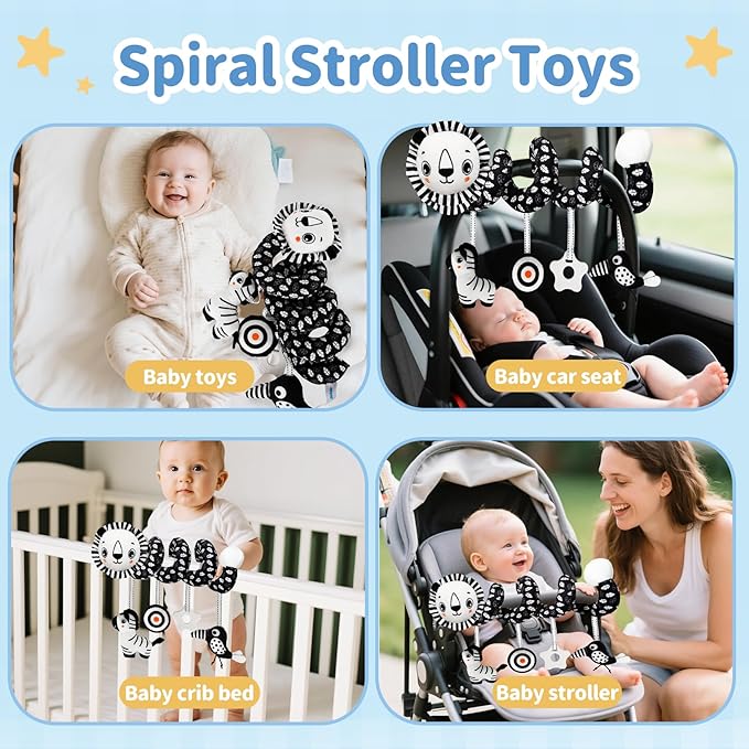 Car Seat Toys for Babies 0-6 Months,Hanging Rattle Toys for Crib Mobile, Baby Spiral Hanging Stroller Black and White High Contrast Toys for Newborn 0 3 6 9 12 Months Baby Boys Girls (Lion)