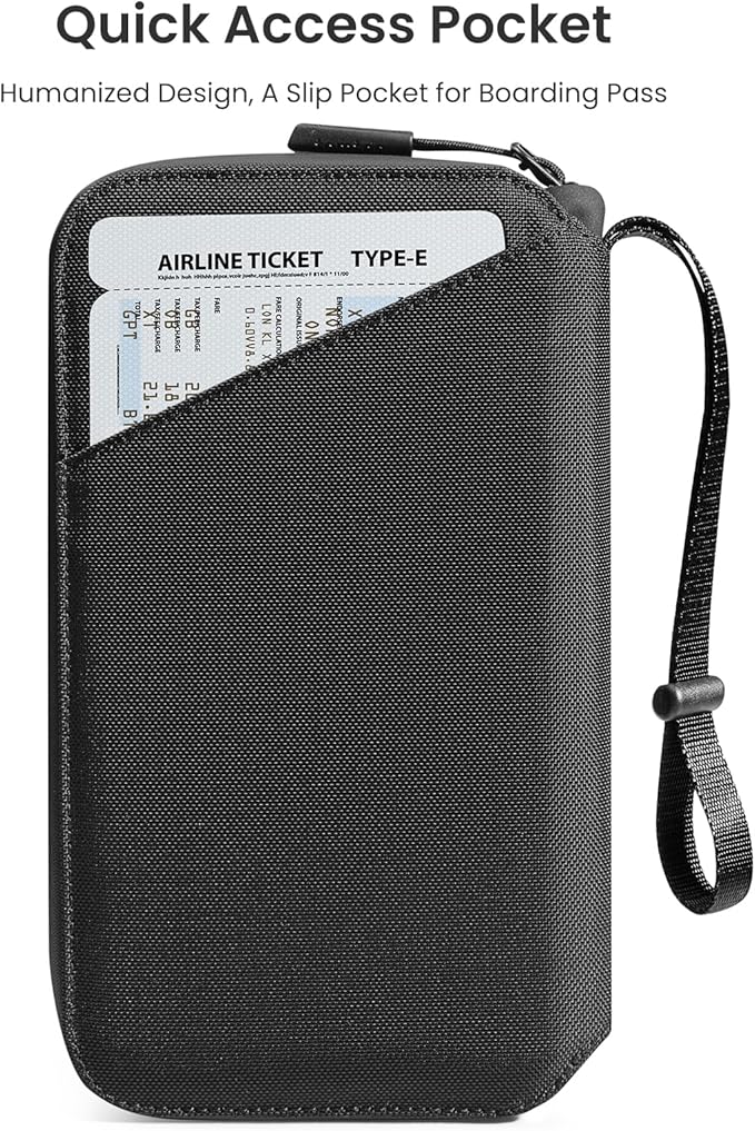 tomtoc Passport Holder Family with RFID Blocking, Passport Wallet Women Men, with Airtag & Sim Card Holder and Eject Pin, Travel Document Organizer with Wrist Strap, Up to 4 Passports, Water-resistant