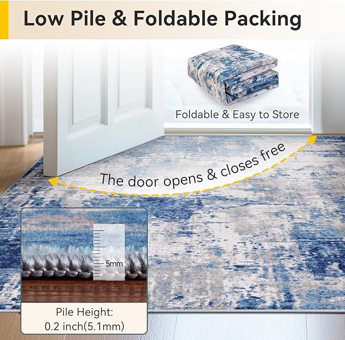 Washable Area Rugs 7'x9' Non-Slip Modern Abstract Soft for Living Room Entryway Bedroom Nursery, Print Pattern, Blue Grey Navy Gray