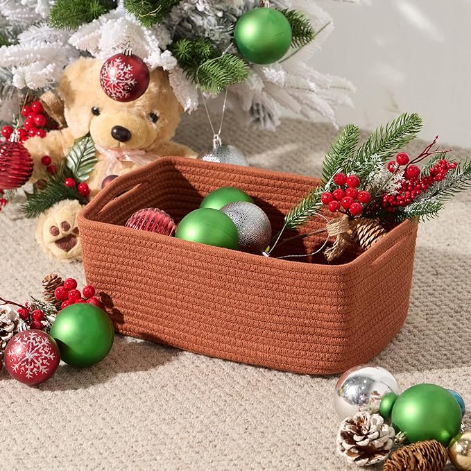 Small Storage Baskets for Organizing | Closet Organizer Bins | Shelf Toy Basket | Woven Rope Baskets | Cube Decorative Box | Shallow Basket | 13x8.5x5.1” | 4 Packs Oxide Red