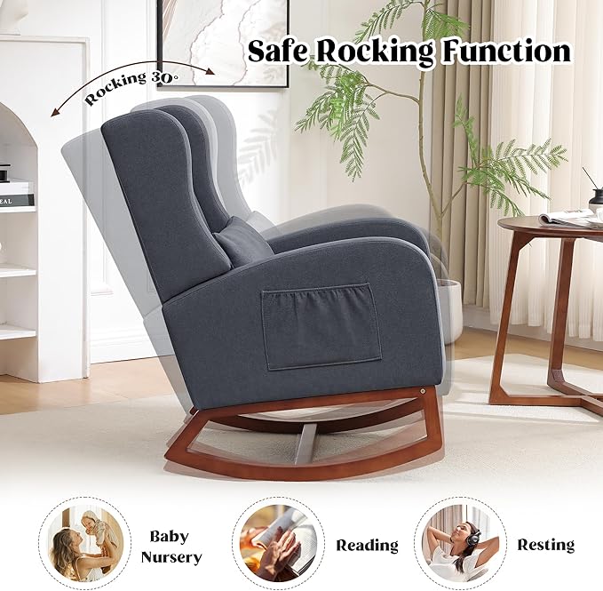 Nursery Rocking Chair, Rocking Chair Nursery with Foot Rest, Comfy Fabric Glider Rocker Nursing Chair with High Back for Nursing, Living Room, Bedroom, Grey