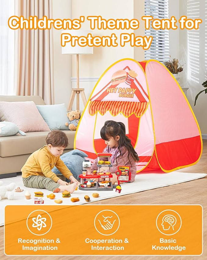 Kids Play Tent, Pop Up Play Tent Burger Theme with Complete Toy Set, Play Toys Play Set for Kids Indoor Outdoor Pretend Play