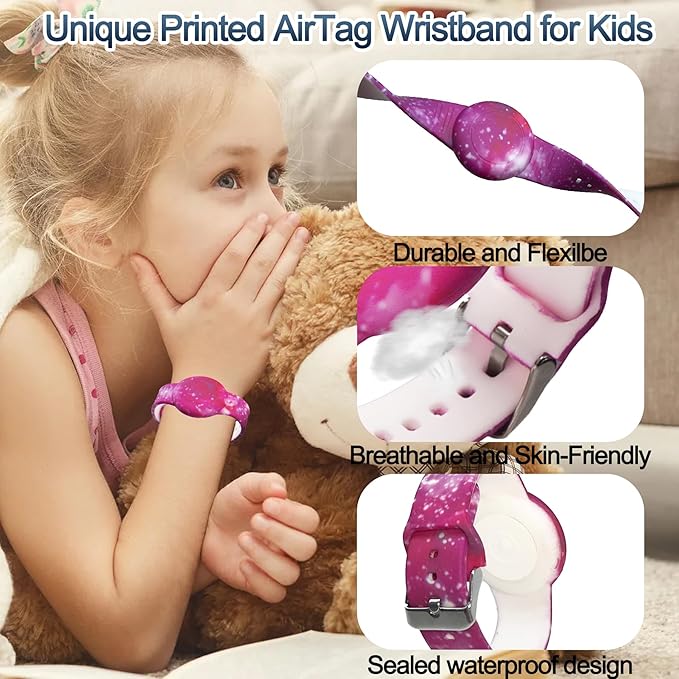 Waterproof AirTag Bracelet for Kids, Hidden Printed Wristband for Apple Air Tag, Silicone AirTag Holder GPS Tracker Case for Band for Child Toddler, Secure Anti-Lost Protection(Starry Sky Purple)