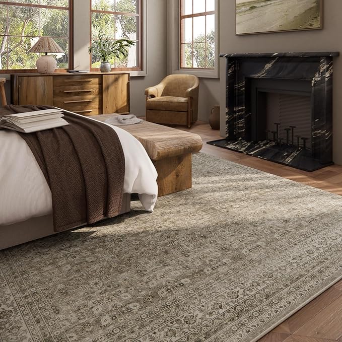 Washable Area Rugs for Living Room: 10x14 Bedroom Rug Vintage Large Rugs Stain Resistant Non Slip Low Pile Soft Lightweight Carpet for Kitchen Dining Room Farmhouse Nursery Kids Room