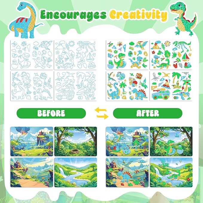 homicozy Art & Craft Activity for Kids-Foil Fun Dinosaur,No Mess Art Crafts for Girls,DIY Foil Foam Stickers,Creative Activity Kits,Kids Travel Toys,Gifts for Girls & Boys Ages 4-10