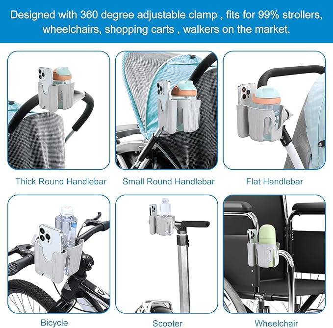 Accmor Stroller Cup Holder with Phone Holder, Bike Cup Holder, Universal Cup Holder for Uppababy Nuna Doona Strollers, 2-in-1 Cup Phone Holder for Stroller, Bike, Wheelchair, Walker, Scooter