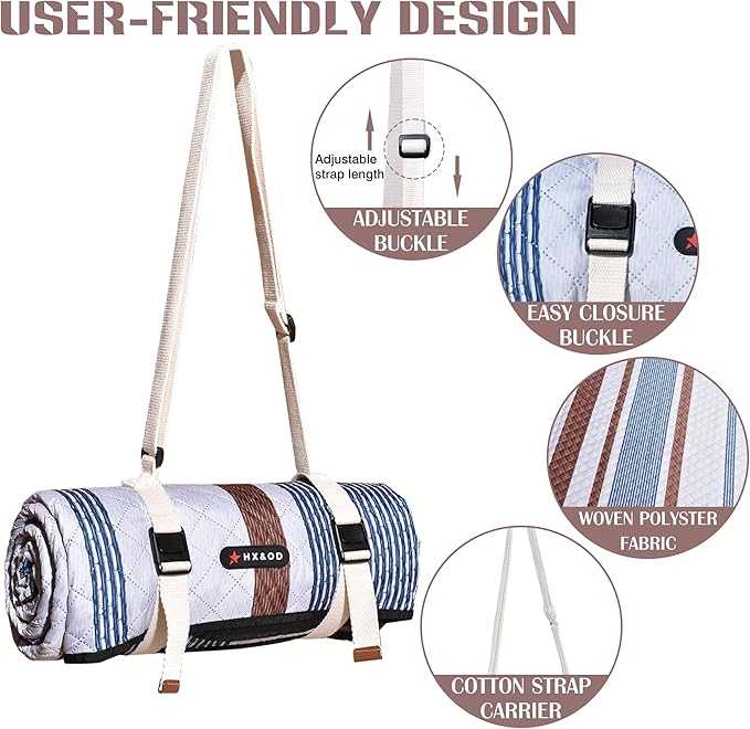 Waterproof Picnic Mat, Outdoor Camping Oversized Field Blanket. Portable Thickened Camping Blanket, Suitable for Beach, Camping, Music Festival, Party, Outdoor Adventure. (Brown&Blue&White, 80”x80”)