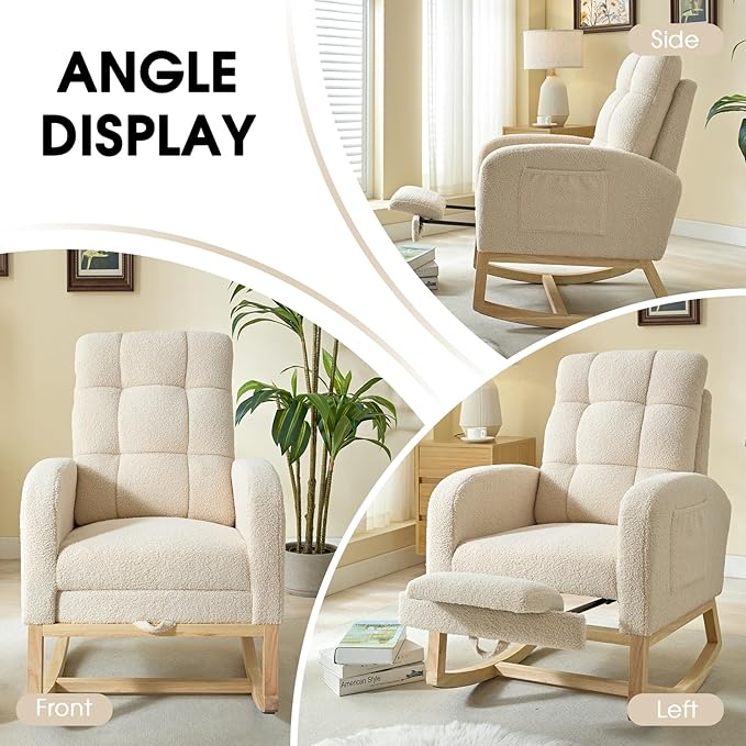 NIOIIKIT Modern Nursery Rocking Chair, Teddy Upholstered Rocking Chair with Footrest, Comfortable Rocker Recliner with Side Pocket, Rocker Glider for Living Room, Bedroom, Nursing Room (Apricot)