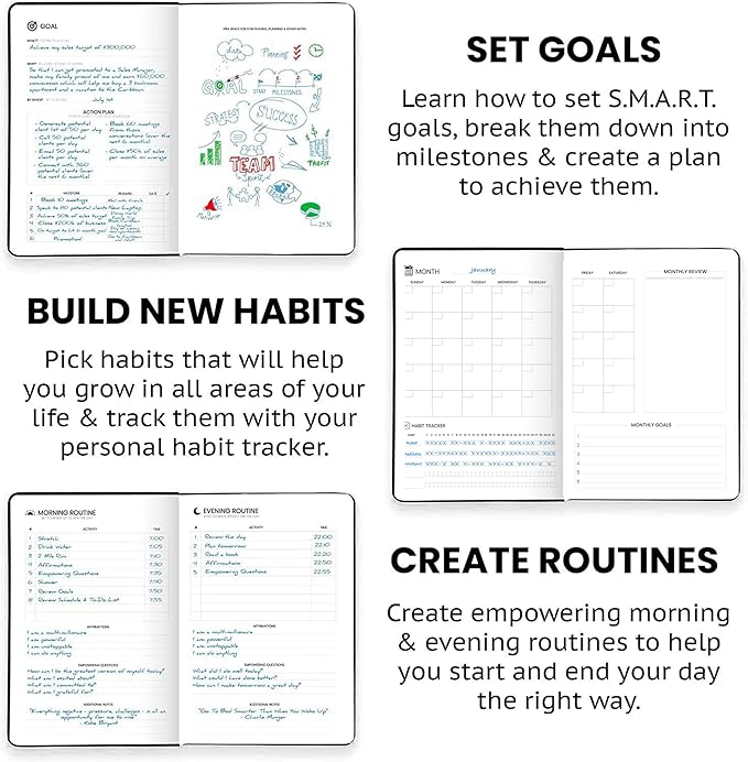 Undated Daily Planner – 1-Year B5 Productivity Organizer with Two-Page Weekly Spread, Goal Setting, Habit Tracker, Weekly & Monthly Pages – Hardcover Time Management Notebook (Black)