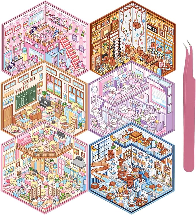 DIY 3D Sticker Scene, 6 Sets of Aesthetic Stickers for Girls Make Your Own Mini Shop Scenes Stickers for Kids Sticker Therapy for Adult Relief Stress Pass The Time