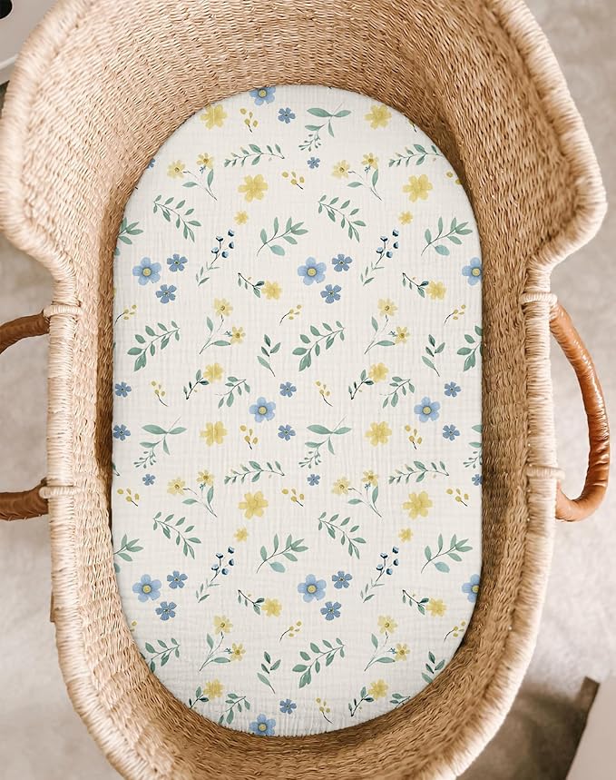 Bassinet Sheet for Baby Boy and Girl 2 Pack, Fitted Sheets for Rectangle, Oval, Hourglass Bassinet Mattress, Muslin Moses Basket Sheets with Neutral Style (Spring Garden & Sage)