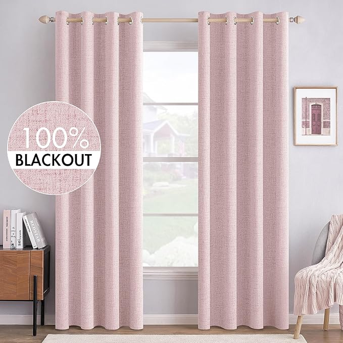 MIULEE Linen Texture Curtains for Bedroom Solid 100% Blackout Thermal Insulated Pink Curtains Grommet Room Darkening Drapes for Living Room Nursery 52x72 Inch (2 Panels)
