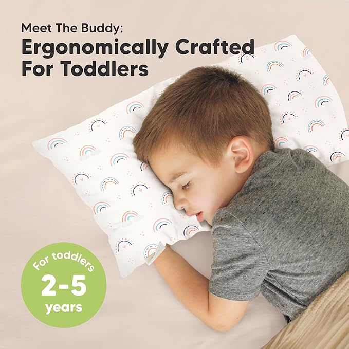 Toddler Pillow with Pillowcase - 10x18 My Little Dreamy Kids Travel Bed Pillows for Sleeping, Organic Cotton Small Pillowcase, Soft & Breathable, Machine Washable, 2-5 Years Old (Jolly Rainbow)