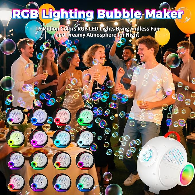 Rechargeable Bubble Machine with Upgrade RGB LED 16 Million Colors, 20000+ Bubbles Per Minute, Portable Bubble Maker for Kids, Weddings, Birthday Parties, Outdoor, Plug in or Battery Power