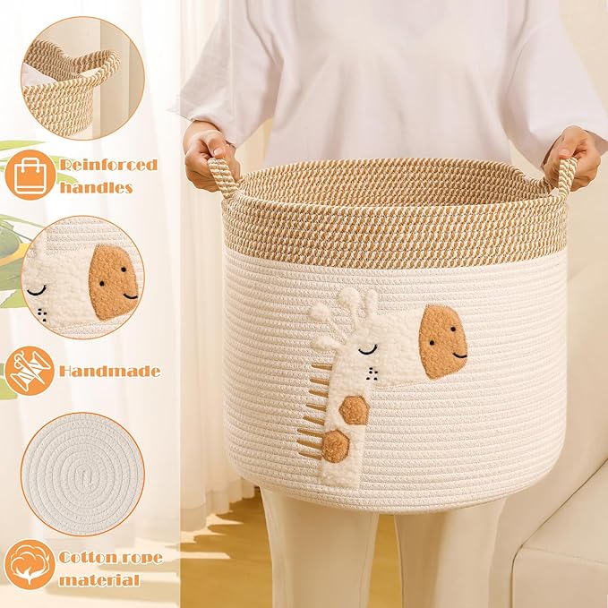 Large Blanket Baskets for Living Room Decor, Toy Storage Baskets Woven Cotton Rope Storage Basket for Kids, Dog Toys Organizer Clothes Hamper with Embroidery Decor for NurseryLaundry (Large, Giraffe)
