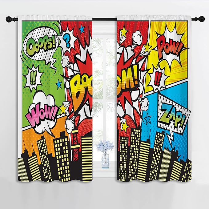Superhero City Wars Explosion Rod Pocket Blackout Curtains for Boy Girl Bedroom, Colorful Comics Ar Thermal Insulated Home Window Drapes for Living Room Darkening, 42x45 inch