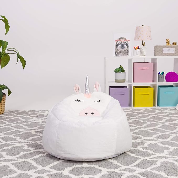 Posh Creations Cute Soft and Comfy Bean Bag Chair for Kids, Large, Animal - White Unicorn