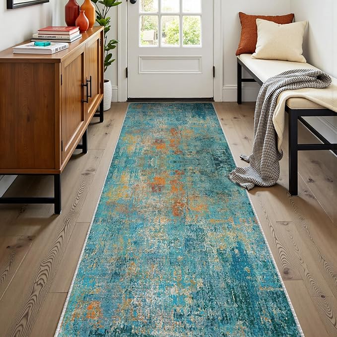 Washable Area Rugs 2'x8' Non-Slip Modern Abstract Soft for Living Room Entryway Bedroom Nursery, Print Pattern, Teal Blue Green Orange Rust Red Colorful