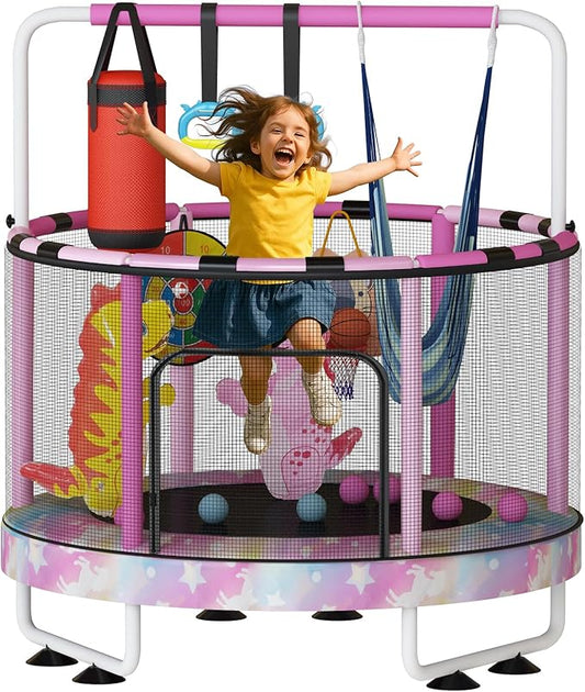LAMERGE 55" 7-in-1 Round Trampoline for Kids Boys & Girls Ages 1-8, Indoor & Outdoor Trampoline for Fun, Adjustable Height Handrail ＆ Enclosed Safety Net ＆ Durable Designs for Toddlers Children