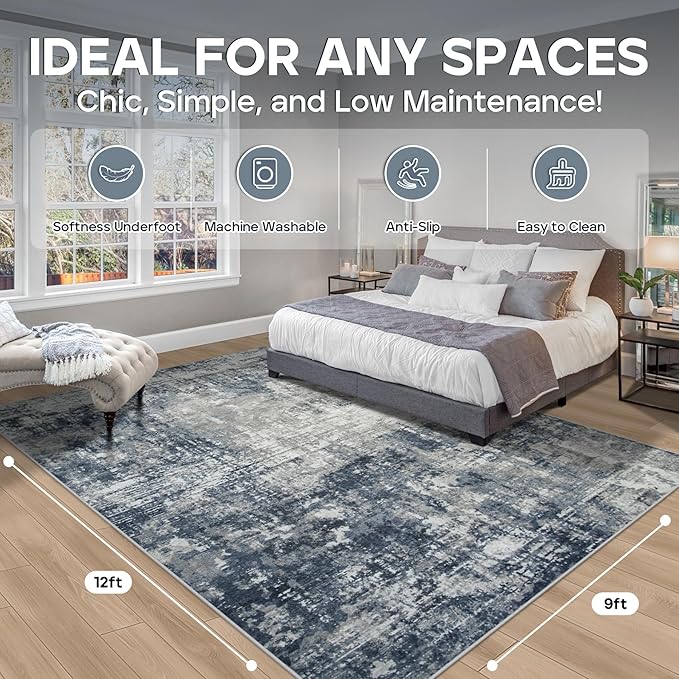 9x12 Area Rugs for Living Room Rug Washable: Modern Large Rug for Dining Room Bedroom Carpet Non Slip 9 by 12 Indoor Abstract Nursery Home Office Blue Grey