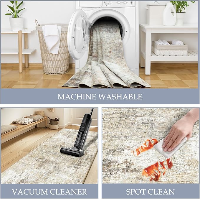 Washable Area Rugs 9'x12' Non-Slip Modern Abstract Soft for Living Room Entryway Bedroom Nursery, Print Pattern, Neutral Brown Gray