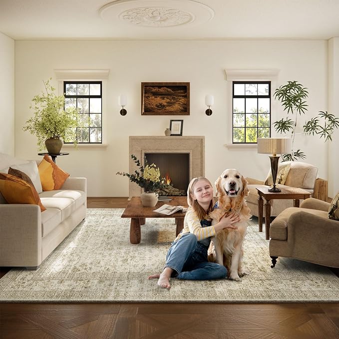 Machine Washable Rugs for Living Room: 8x10 Area Rugs for Bedroom Boho Vintage Rugs Stain Resistant Non Slip Low Pile Soft Lightweight Carpet for Kitchen Dining Room Farmhouse Nursery Kids Room