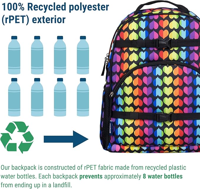 Wildkin ECO rPET 17-inch Large Backpack – Sustainable, Padded, Adjustable – Rainbow Hearts