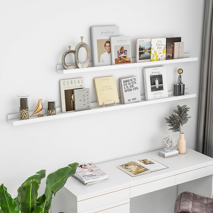 Picture Ledge Shelf, 72 inch Solid Ash Wood Floating Shelves Set of 2, Picture Ledge Ledge Wall Mounted for Living Room Kids' Room Bedroom, Color White