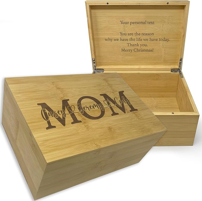 Mom Gifts from Daughters - Personalized Gift for Mom from Kids, Wooden Memory Box for Keepsakes, Unique Gifts from Son for Mothers Day, Christmas, Cute Birthday Gifts Ideas, Xmas Present, 11x8x4,75 in