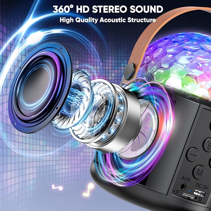 Karaoke Machine with Disco LED Lights for Adults Kids, Portable Bluetooth Speaker with 2 Wireless Microphone Toys Gifts for Girls Boys Birthday Family Home Party