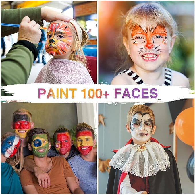 VESPRO Face Painting Kit For Kids Party,32 Colors Professional Oil Face&Body Paint Kit with 10 Brushes 4 Reusable Face Stencils,2 Glitters and 2 Sponges for Kids and Adults Halloween Makeup