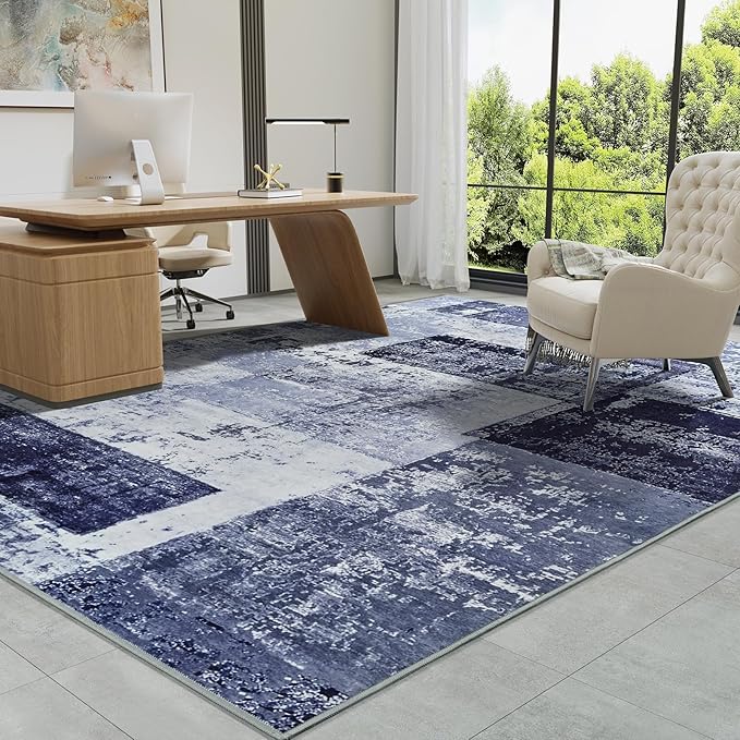 LOCHAS Rug for Living Room, Washable Soft Area Rugs for Bedroom 6x9, Abstract Carpet for Indoor Office Kids Dining Room Nursery Floor, Blue Geometric Vintage Home Decor, Non Slip, Pet Child Friendly