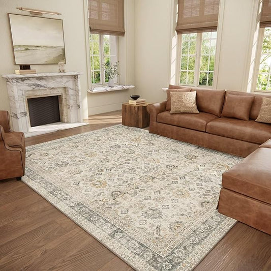Washable 8x10 Area Rugs for Living Room, Boho Non-Slip Silicone Backing Rugs for Bedroom Dining Room Nursery Office, 0.3" Neutral Oriental Throw Carpet with 0.16" Cushioning Pad, Grey/Multi